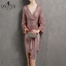 Różowa krótka suknia wieczorowa cekiny długie rękawy typu lampiony płaszcza suknia wieczorowa V Neck kolano długość brokat Ruched formalna sukienka na przyjęcie