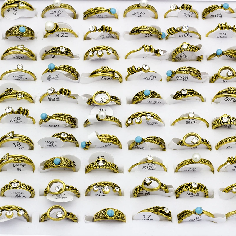 50 pcs/lot Mix Styles Bohemia Womens Imitation Pearl Finger Ring Antique Crystal Knuckle Ring Wholesale Gifts