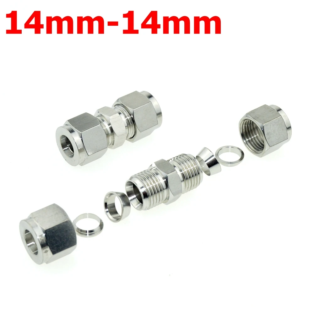 

2Pcs 14mm-14mm Double Ferrule Tube Straight Compression Fitting Coupler SS Pipe Connector Stainless Steel 304