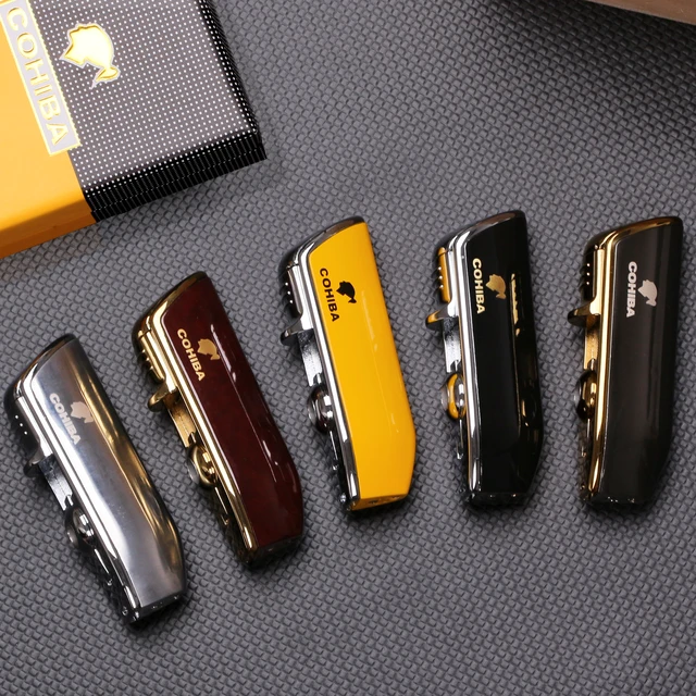 COHIBA Metal Windproof Mini Pocket Cigar Lighter 3 Jet Blue Flame Torch Cigarette Lighters With Cigar Punch Gift Box 1