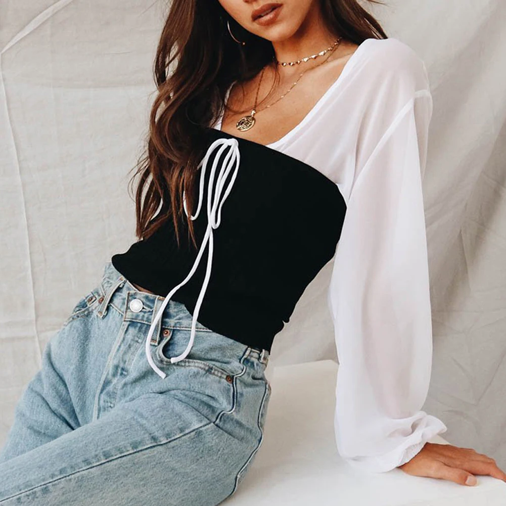 

Sungift 2019 Bangage Top Lantern Full Sleeve Chiffon Shirt V-neck Pure Shirt Spring Autumn New Top Patchwork Tops 2 Pieces 1 Set