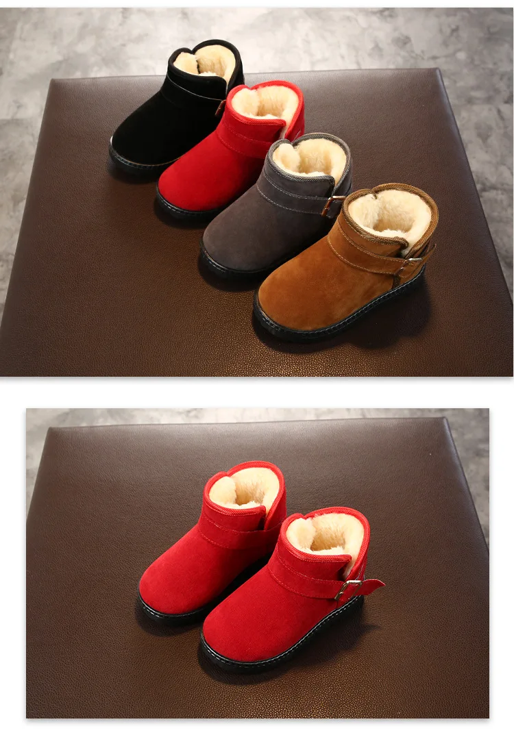 High Quality PU Leather Shoes for Kids Waterproof Winter Snow Boots Kids Boys Girls Solid Plush Flat Shoes Soft Warm Boots