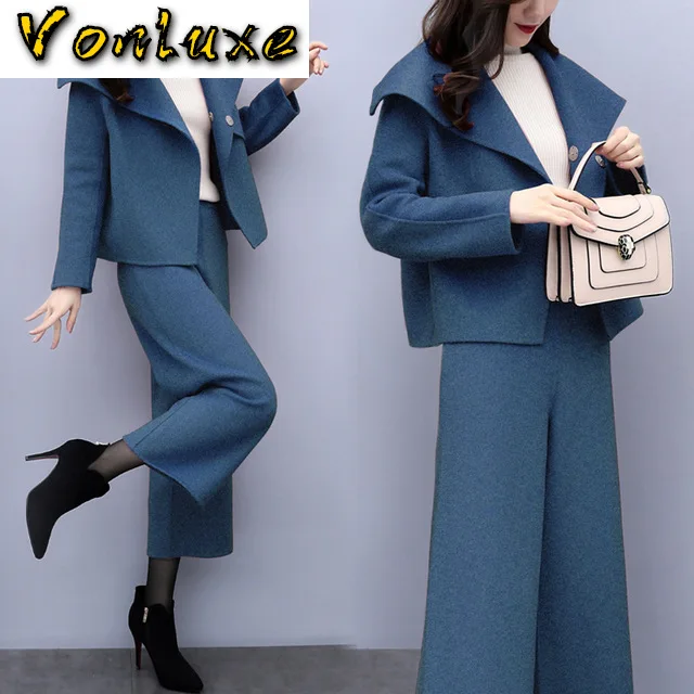 Шерсть осень-зима с высокой талией широкие штаны костюм для женщин 2 комплект из
