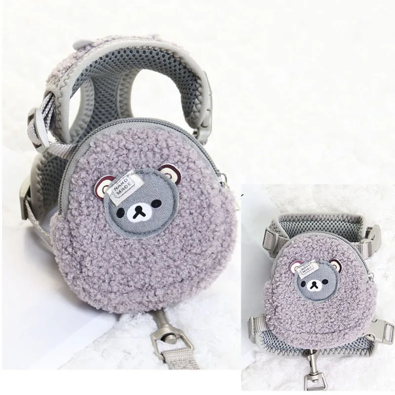 

1PC Warm Lamb Wool Cartoon Bear Dog Backpack Harness With Leash Set Pet Cat Small Animal Carrier Lead Products Poop Bag Collar