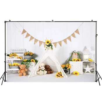 

HUAYI Toy Bear Beautiful Floral Flowers White Tent Decoration White Fabric Background Photography Baby Shower Photoshoot W-4352