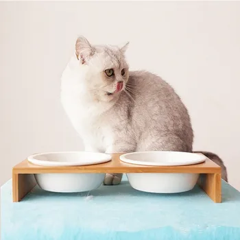 

Cat Dog Feeders Bowl Pet Food Water Bowl 1/2 Bowls Ceramic Tableware Bamboo Frame Antiskid Pet Supplies Dog Cat Feeding Bowl
