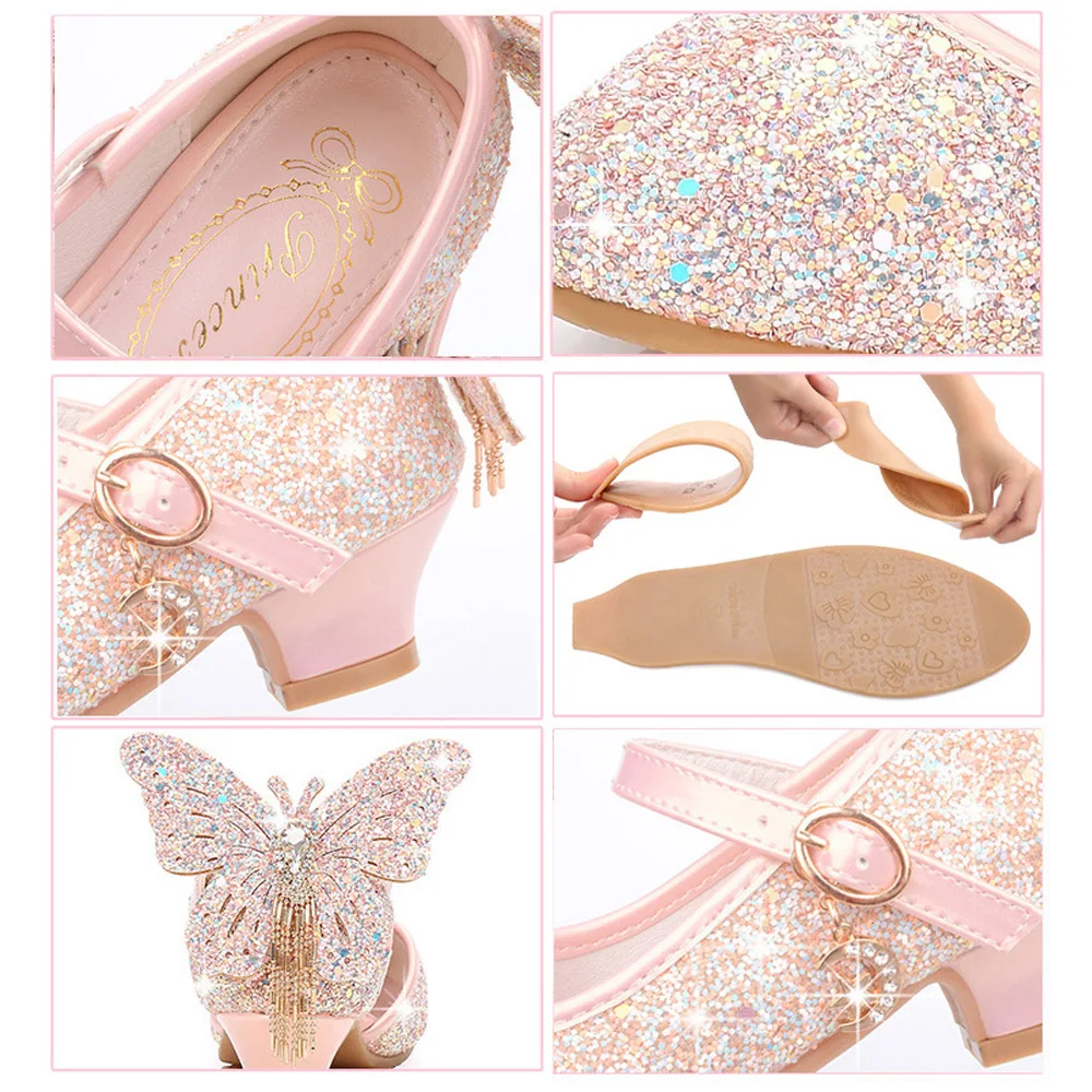 Детская блестящая обувь для девочек; chaussures prinsessen schoenen; блестящие босоножки с бантом; модельные туфли на высоком каблуке