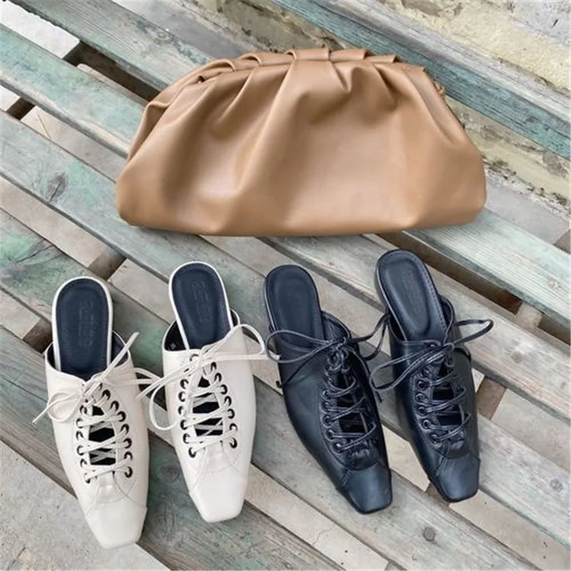 

Closed Toe Mules Woman Cross Strap Low Heels Slippers Patchwork Shallow Slide Casual Slip on Loafers Black Apricot Zapatos Mujer