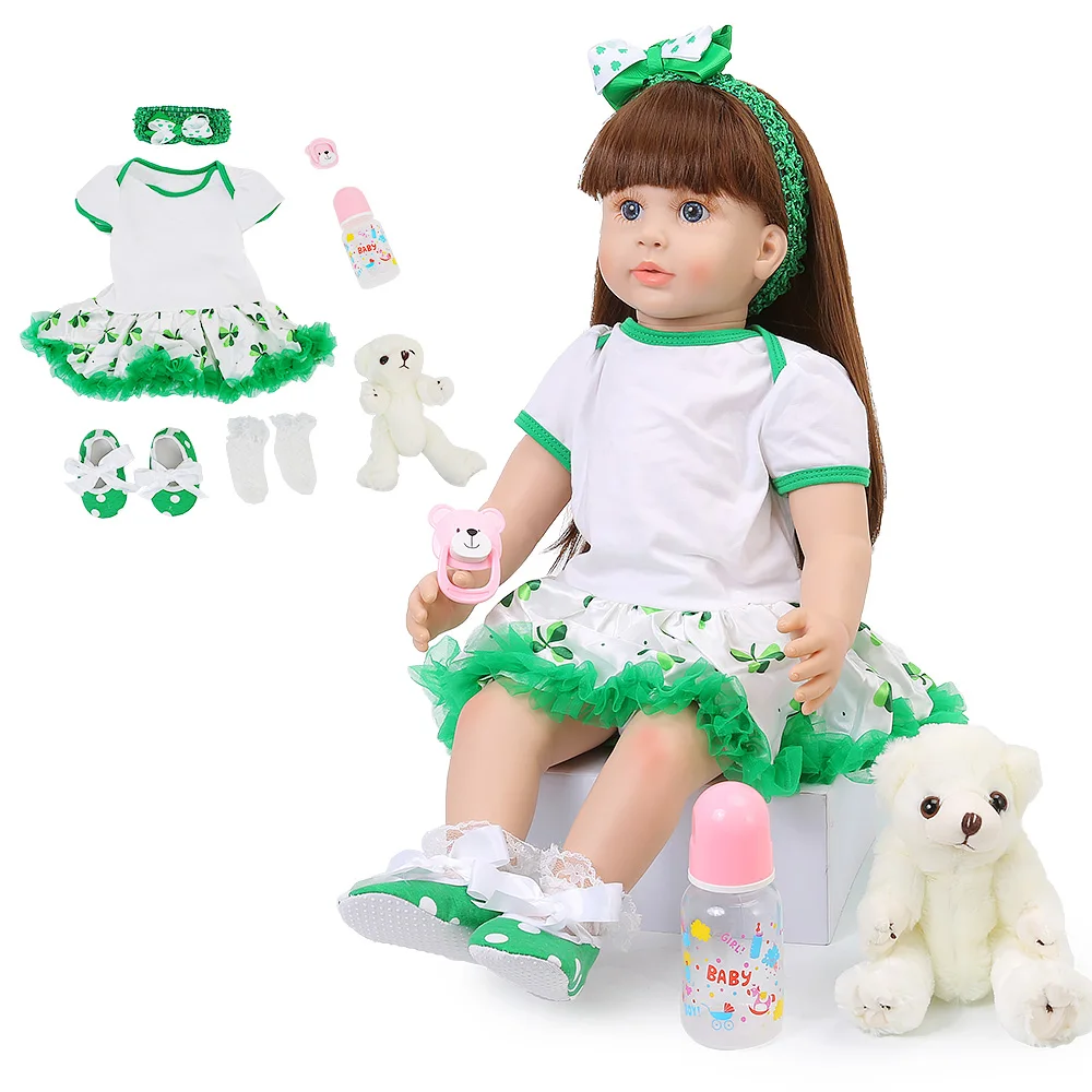 

60cm Baby Reborn Dolls Green Clothes Newborn Long Hair Baby Doll lifelike Realistic Silicone Toddler Bonecas Dolls Toys For Kids