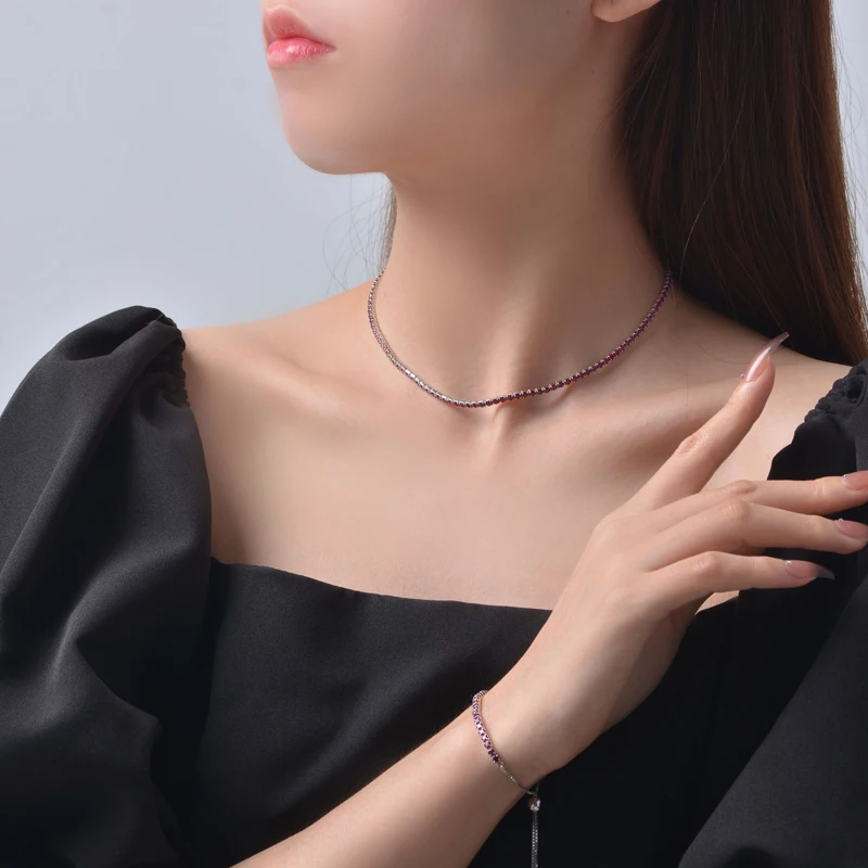 OEVAS 100% 925 Sterling Silver 2.5mm Full Ruby High Carbon Diamond Resizable Chains Necklace For Women Sparkling Fine Jewelry