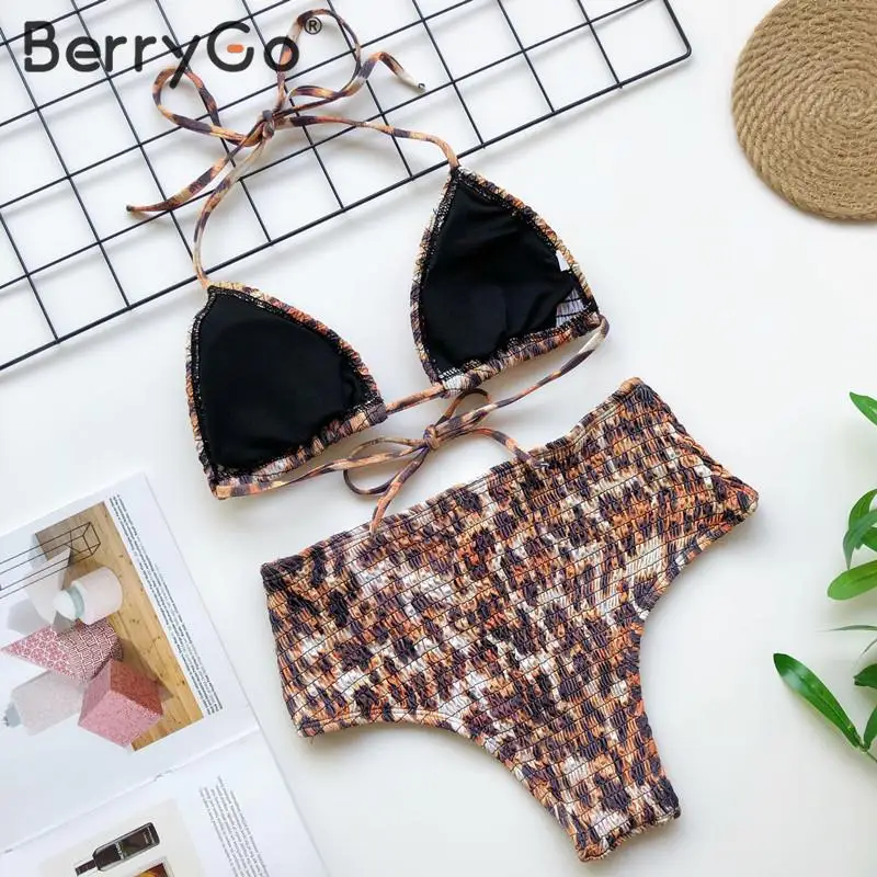 BerryGo, сексуальный леопардовый принт, треугольный бикини, высокая талия, Женский Летний Бикини, 2 штуки, женский купальник с бретелькой через шею, пуш-ап, купальный костюм