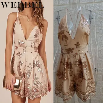 

WEPBEL New Summer Floral Sequined Short Deep V Neck Mini Playsuit Sexy Backless Ladies Playsuits