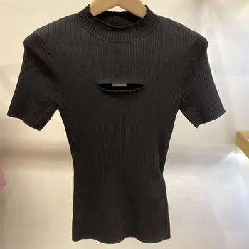 

Women Black Knitted T Shirt Short Sleeve 2020 New Spring Summer Front Hollow Out O Neck Design T Shirt Knitwear Pullover Top