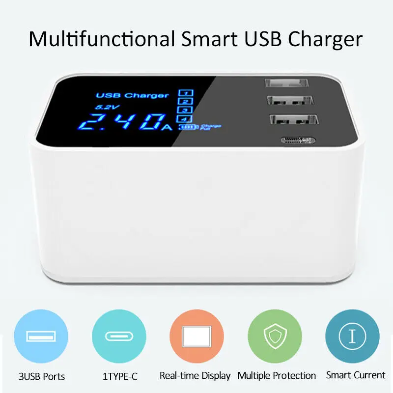 

Mobile Phone Charger 4 Ports USB Digital LCD Screen Display Smartphone Tablet Chargers Type-C charger US/EU/UK Plug