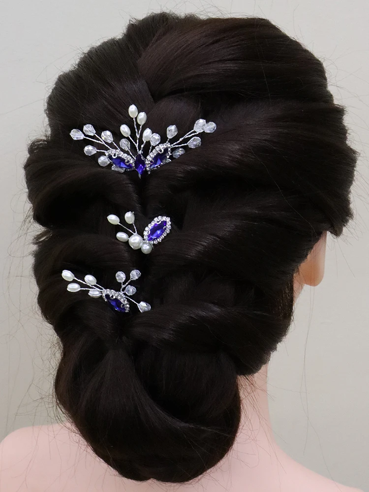 Romantic Blue Bridal Hair Pins Rhinestone Crystal Women Headpieces Prom Party Hair Jewelry Wedding Accessory 3PCS Clip