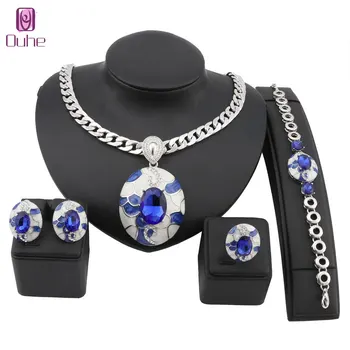 

Fashion Dubai Gold Jewelry Set Brand Nigerian Wedding woman Accessories Bridal Crystal Blue Enameled Jewelry Set