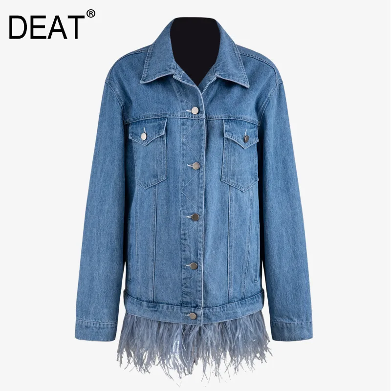 

DEAT 2019 autumn and witner new fashion blazer women turn-down collar full sleeves fur pathcwork denim jacket WJ6105L