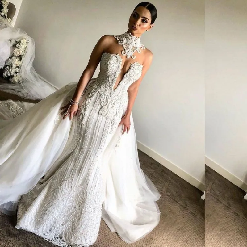 

Mermaid Wedding Dresses With Detachable Train High Neck 3D Lace Appliques Beads Sequins Sexy Bridal Gowns vestidos de novia