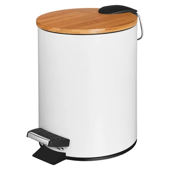 

3L Kosmetikeimer White Design Pedal Trash Bucket with Soft for Bath with Inner Container and Bamboo Wooden Lid