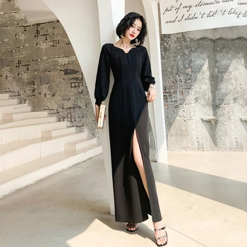 

Lady Oversize 3XL Elegant Puff Sleeve V-neck Qipao Formal Party Dress Sexy High Split Cheongsam Autumn New Long Robe De Soiree