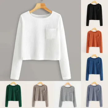 

Blouse Women Shirt Women Tops блузка женская Fashion Long Sleeve O Neck Pocket Sweatshirt Casual Blouse Pullover Free Ship