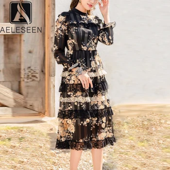 

AELESEEN Runway Fashion Boho Dress 2020 Spring Summer Dress Women Holiday Flower Print Cascading Ruffles Party Dress