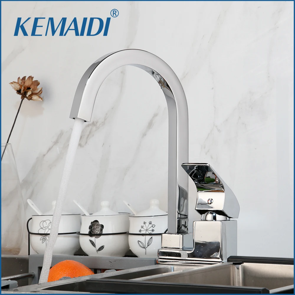 

KEMAIDI 360 Swivel Solid Brass Single Handle Deck Mounted Mixer Water Tap Faucet Chrome Brass Kitchen Sink Basin