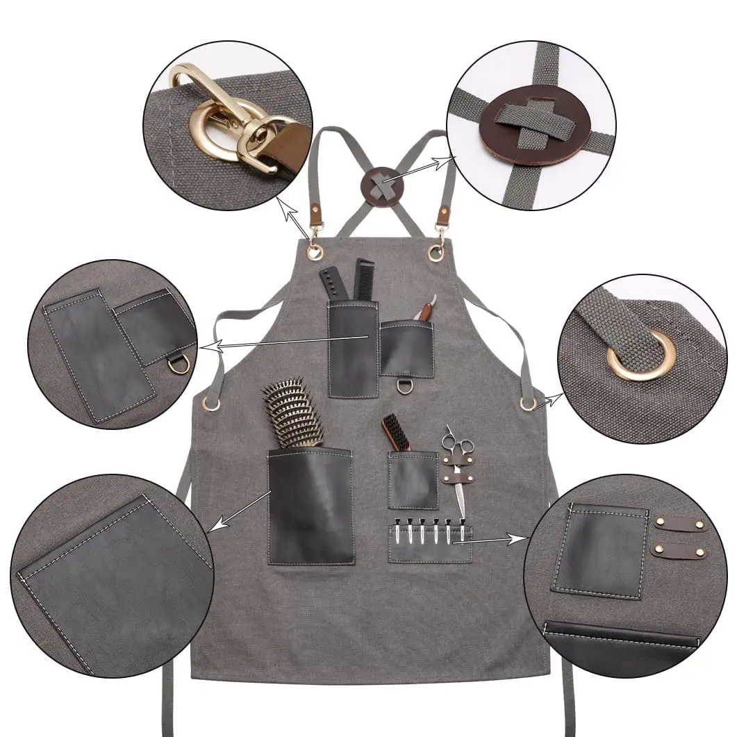 Barber Apron Canvas Cross Back Pinafore with Pockets Multifunction Kitchen Cooking Baking Bib Salon Leather Hairdresser Cape 3