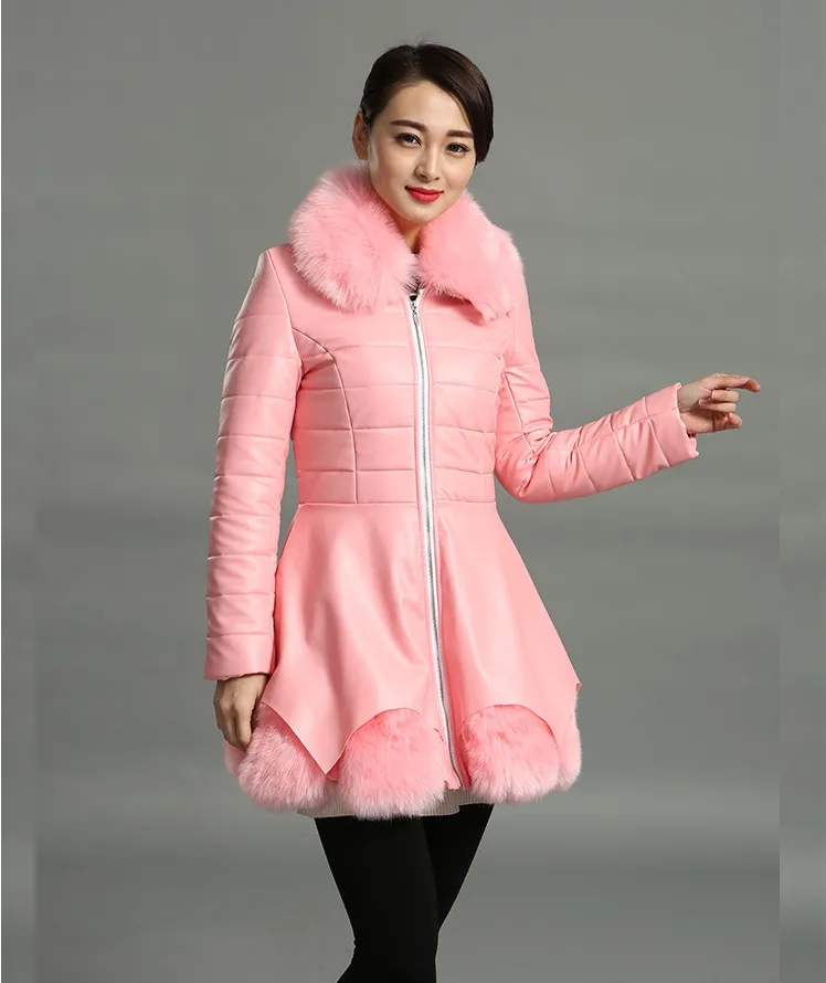 Hot Selling Women's Winter And Autumn Black PU Leather Jacket Motorcycle And Cotton Fur Coat Imitation Fox Fur Coat