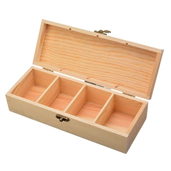 

DIY 4 Compartment Wooden Storage Box Tea Jewelry Treasure Case Watch Container with Lock For Decoration Craft Holder