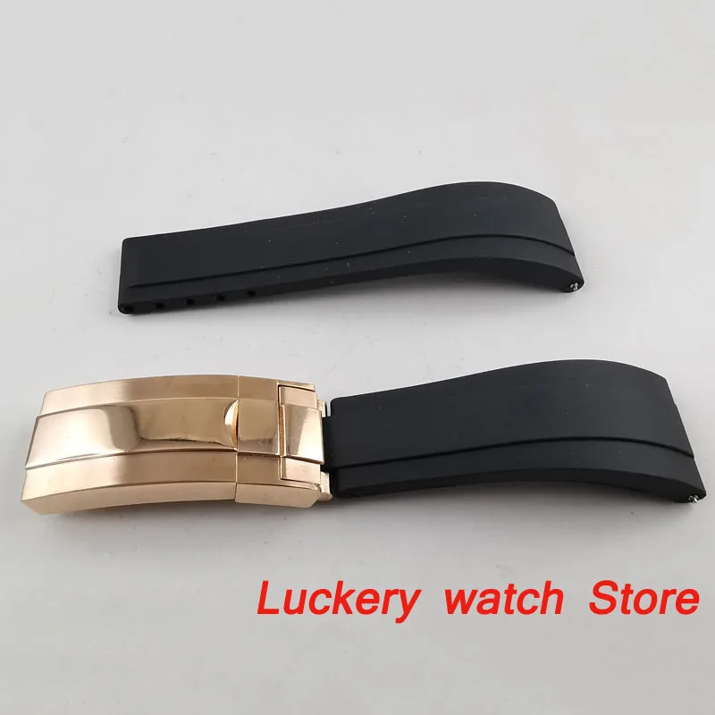 

20mm black rubber strap Rose gold folding buckle fit 20mm width men's watch-BD09