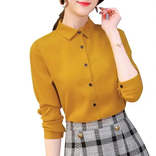 Ginger Yellow Офисная Женская Однотонная рубашка с отложным воротником и длинными рукавами, шифоновая блузка - Цвет: Ginger Yellow