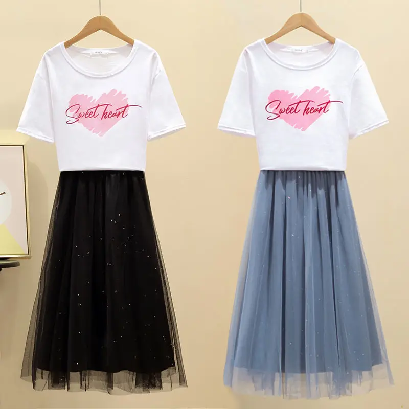 

Balloon Embroidery Blouse Cotton T-Shirt White Girl Casual Print Tops Elegant Tulle Midi Skirt New Two-Piece Womens Fashion Suit