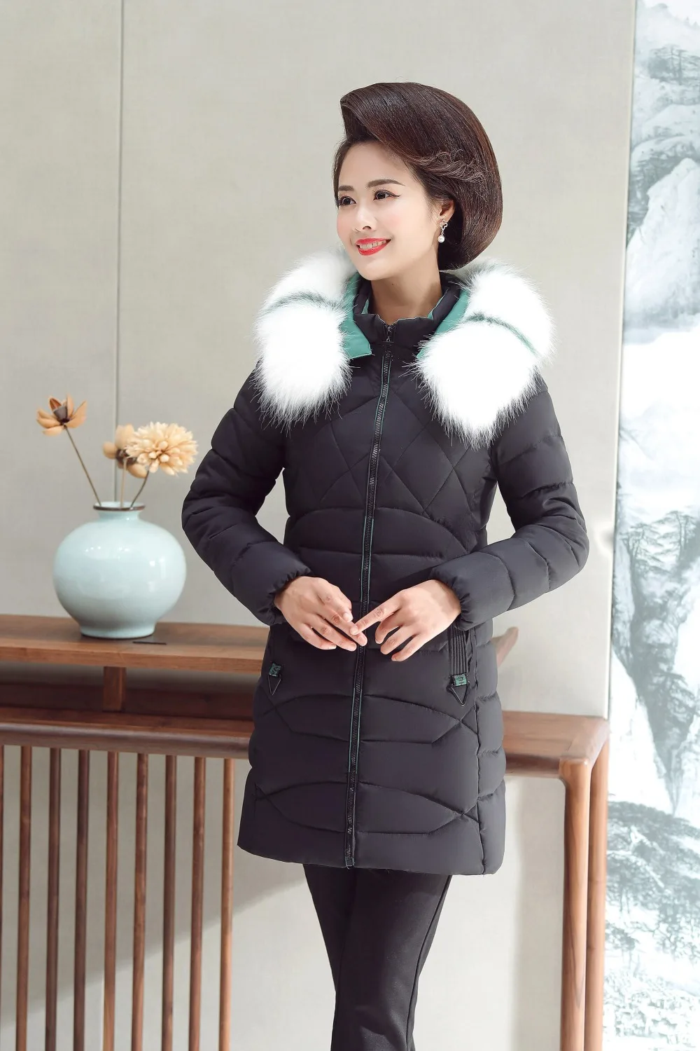 Женская зимняя куртка, искусственный большой меховой воротник, Женская куртка, тонкая длинная куртка с хлопковой подкладкой, зимнее пальто, парка