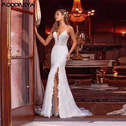 RODDRSYA Sexy V Neck Lace Mermaid Wedding Dresses Spaghetti Straps Side Slit Bridal Gown Backless Robe De Mariée