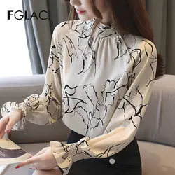 FGLAC Новинка 2019, осенняя шифоновая блузка с длинными рукавами, рубашка, Модный повседневный стиль, расклешенный рукав, женская рубашка с
