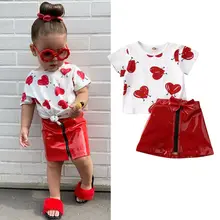Комплекты одежды для маленьких девочек на День святого Валентина футболки с принтом «Любовь» топ и кожаная юбка летняя одежда От 0 до 5 лет