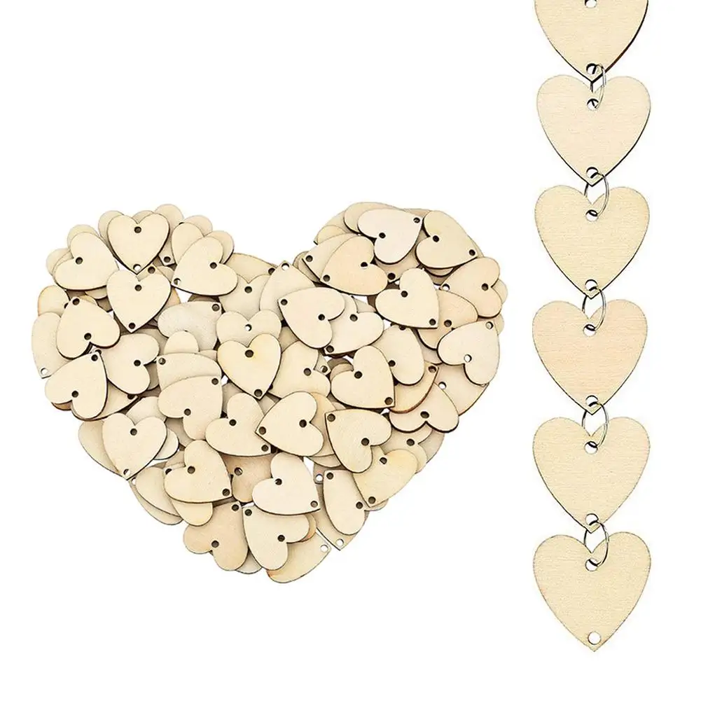 

100PCS Wooden Heart Shaped Pendent Art Craft Heart Shaped Log Slices for Valentine's Day Wedding Party and Home Decoration