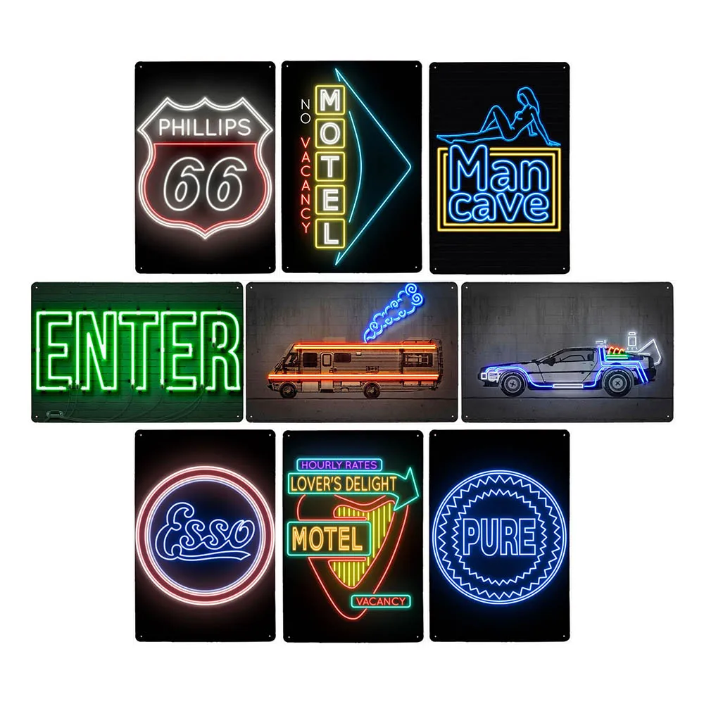 모텔 네온 사인 메탈 포스터, Route 66 레트로 장식 차고, 카페 바 클럽, 남자 동굴 장식, 벽 아트 플라크, 20x30cm