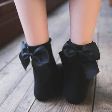 Женские ребристые однотонные носки с бантом и оборками, носки длиной по щиколотку, хлопковые носки с бантом