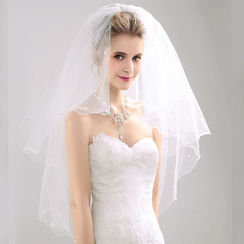 Bridal Pearl Ivory Veil Short Wedding vail Pencil Edge Wedding Veils With Comb Bride Veil Tulle Velo De Novia Corto