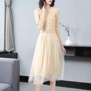 

GoodliShowsi Winter Women's Elegant Dress Solid Color Sweater Patchwork Mesh Hem O-Neck Long Sleeve Fashion Basic Dress