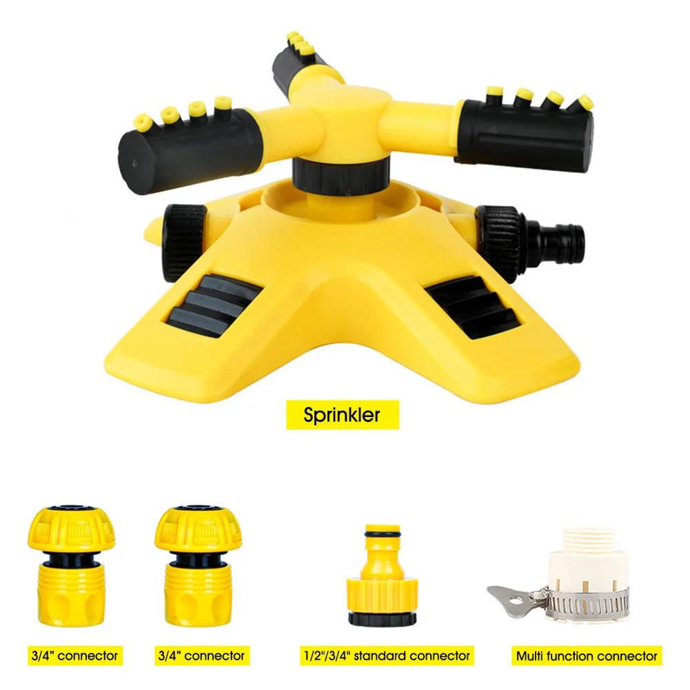 2 Modes Sprinkler Watering System Automatic 360 Degree Rotating Nozzle 3-Arm Grass Lawn Irrigation Sprinkler with Connectors 