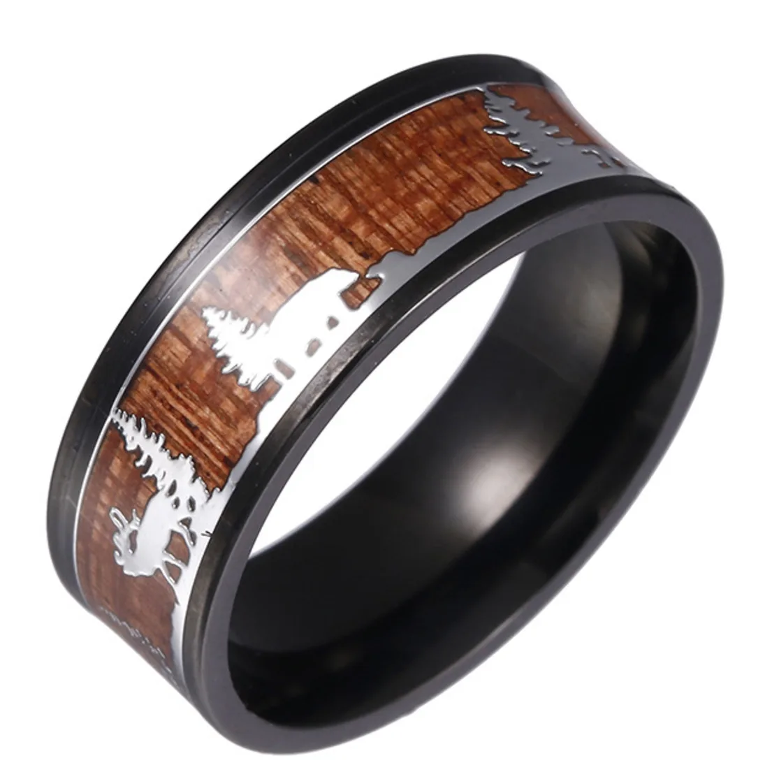 

Unisex Black Stainless Steel Hunting Ring Wedding Band Wood Inlay Deer Stag Silhouette Christmas Present Rings For Women