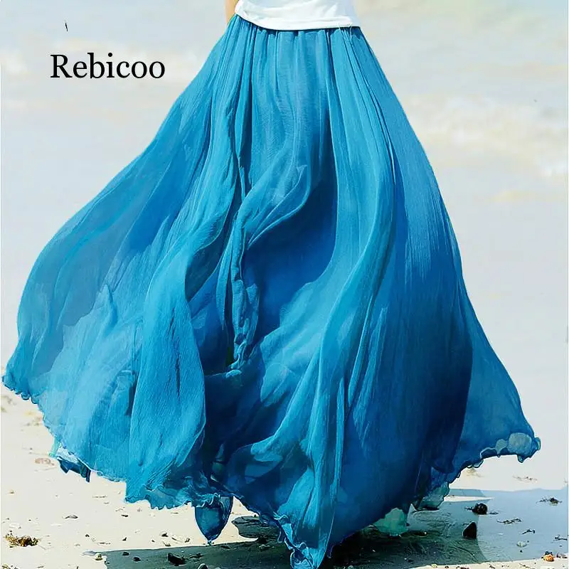 

Rebicoo High Waist Women Long Mesh Chiffon Skirts Womens Ruffles Skirt White Long Summer Boho Maxi Skirt Saia Longa Faldas