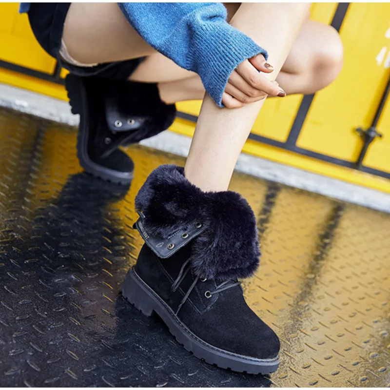 Новые женские теплые меховые зимние сапоги на платформе женские зимние замшевые сапоги до середины икры модная женская плюшевая обувь на шнуровке Обувь на не сужающемся книзу массивном каблуке