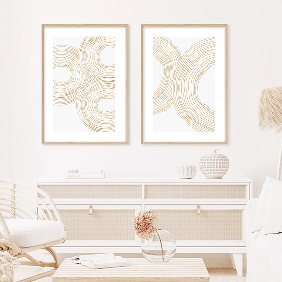 Abstract Beige White Geometric Line Artwork Canvas Paintings Minimalist Poster Print Wall Art Picture for Living Room Home Decor