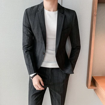 

2020 autumn winter heavy suit suit male stripe small suit two pieces of Korean version slim wedding suit
