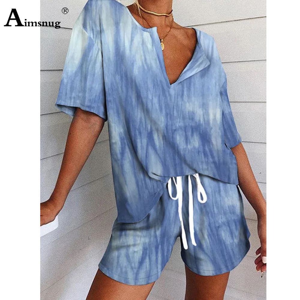 

Aimsnug Pajamas Casual Tops And Tie-dye Shorts Set Lace Up Sleepwear 2020 Women Two Piece Outfits Leisure Home Suit Summer
