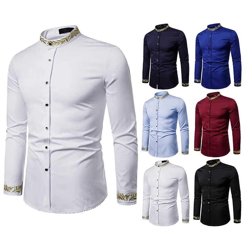 

Men's Fashionable Embroidered Shirt American Western Style Shirt Embroidered with Patterns Henry Collar Long Sleeve Shirt